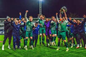 Biggleswade FC celebrate lifting the Bedfordshire Senior Cup. Pic: Guy Wills Sports Photography.