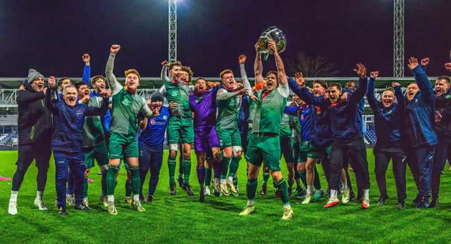 Biggleswade FC celebrate lifting the Bedfordshire Senior Cup. Pic: Guy Wills Sports Photography.