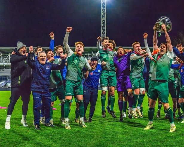 Biggleswade FC celebrate lifting the Bedfordshire Senior Cup. Pic: Guy Wills Sports Photography.