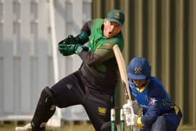 Biggleswade's Sunday firsts' captain and wicketkeeper Gabe Manthorp takes the ball during the game with Flitwick. Photo; Richard Southan.
