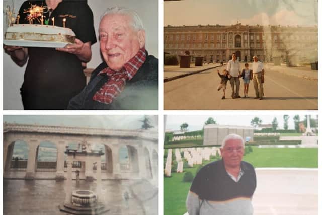 Clockwise from top left: Ron on his 90th birthday; visiting Allied HQ with his family; at the Polish cemetery at Cassino. Visiting Cassino rebuilt.