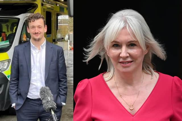 Left, LBC political reporter Henry Riley, and Nadine Dorries MP (Photos by LBC and Leon Neal/Getty Images)