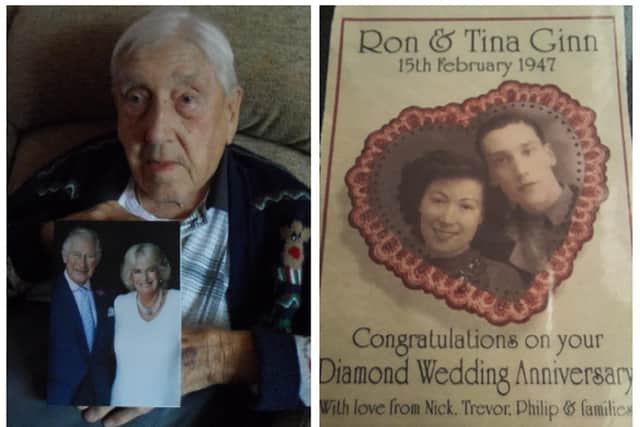 Ron on his 100th birthday with his card from King Charles III and the Queen Consort Camilla, and right, a special card for Ron and Tina's Diamond wedding anniversary. Image: The Ginn family.