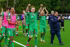 Biggleswade FC celebrate their win in the last round of the FA Cup. Photo: Guy Wills Sports Photography.