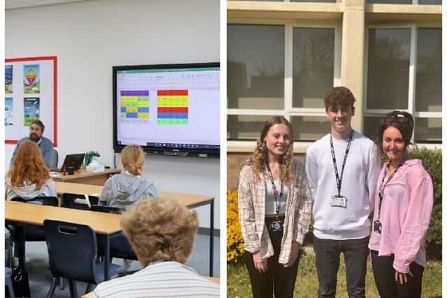 Students using the new classroom, and right, Year 13 students Daisy Guildford, Jonathan Roberts and Annabelle Turner.