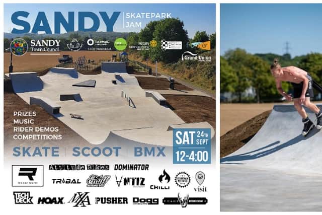 Sandy Skatepark Opening Jam/ a skater at the new park. Images: Sandy Town Council/ Robert Lacey.