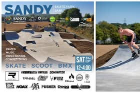 Sandy Skatepark Opening Jam/ a skater at the new park. Images: Sandy Town Council/ Robert Lacey.