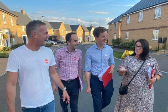 Peter Kyle (l-r), James Murray MP ( shadow financial secretary to the treasury), Alistair Strathern, and Luton South MP Rachel Hopkins. Image: Labour Party