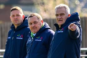 Biggleswade FC's management team of coach James Petty (left) and joint-managers Dave Northfield (centre) and Mark Inskip. Photo: Guy Wills.