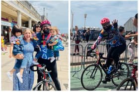 Indie King-Mand with his family, and right, during his cycle challenge. Image: Indie King-Mand.