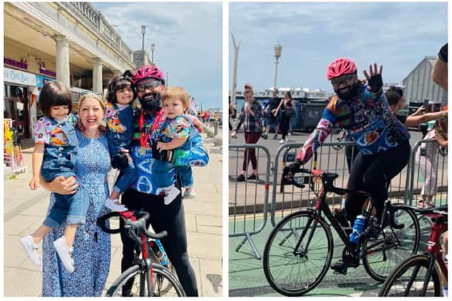 Indie King-Mand with his family, and right, during his cycle challenge. Image: Indie King-Mand.