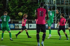 Dan Carey-Evans (no.16) guides home Biggleswade FC's equaliser on Monday night. Photo: Guy Wills Sports Photography.