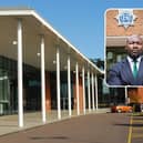 Central Bedfordshire Council's headquarters in Chicksands and inset, Bedfordshire's Police and Crime Commissioner Festus Akinbusoye