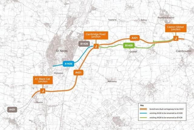 A428 Black Cat to Caxton Gibbet improvements route map.