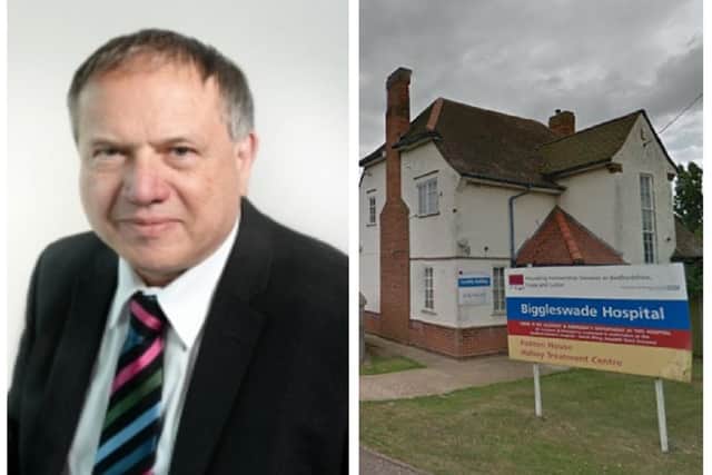 Councillor Richard Wenham, and right, Biggleswade Hospital. Images: CBC/Google.