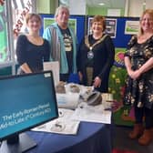 Pictured at the book launch are from L-R Esther Hamilton, Post Excavation Technician AOC; Les Capon, Fieldwork Project Manager, AOC; Cllr Joanna Hewitt, Sandy Town Mayor; Becky Haslam,  Project Manager AOC