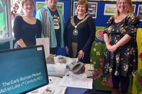 Pictured at the book launch are from L-R Esther Hamilton, Post Excavation Technician AOC; Les Capon, Fieldwork Project Manager, AOC; Cllr Joanna Hewitt, Sandy Town Mayor; Becky Haslam,  Project Manager AOC