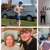 Top row: Callum is in training for the London Marathon. Bottom row: family photos with his grandmother and great-grandmother. Images supplied by the Elliott family.