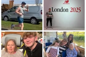 Top row: Callum is in training for the London Marathon. Bottom row: family photos with his grandmother and great-grandmother. Images supplied by the Elliott family.