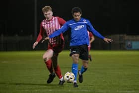 Action from Biggleswade United's win at Leighton on Tuesday. Photo: Cosmin Iftode.