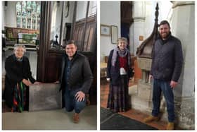 Matthew presenting the plaque to the church of St Mary the Virgin, and right, at the font where he was baptised 34 years ago.