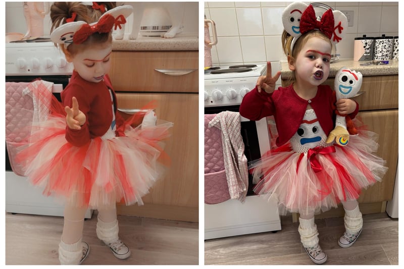 Scarlett, five, of Leighton Buzzard, dressed up as Forky from Toy Story 4.