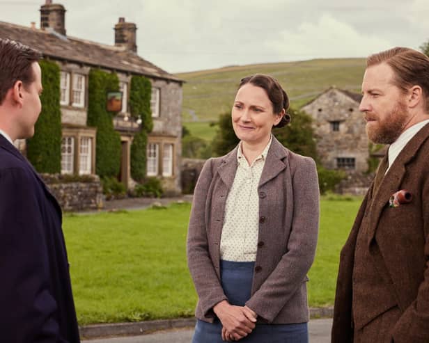 Filming has started in the Yorkshire Dales for Series 6 of All Creatures Great And Small, although as yet, cast and crew have not been spotted in their usual fliming locations. In this scene from series four, right to left, James Herriot (Nicholas Ralph) is with Mrs Hall (Anna Madeley) and Siegfried Farnon (Samuel West). Picture: Channel 5, Playground, Helen Williams