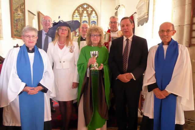 Back Row (L-R): Mick Bister (Restoration Secretary), Revd Trevor Wilcox (Preacher) and Francis Coales (Charitable Trust Trustee), Venerable Dave Middlebrook,
(Archdeacon of Bedford). Front Row (L-R): Christine Elcombe (Lay Reader), Mrs Susan Lousada, (Lord-Lieutenant of Bedfordshire), Revd Liz Lavelle (Parish Priest in Charge) holding the Coales Memorial Chalice, Martin Stuchfield (Chairman of the Trustees), Tony Elcombe (Lay Reader).