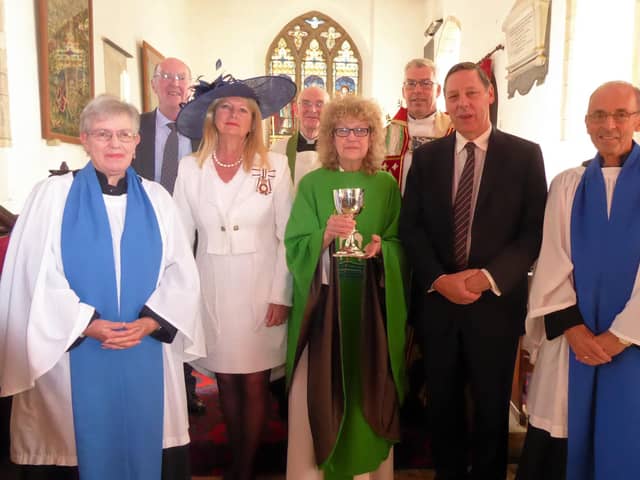 Back Row (L-R): Mick Bister (Restoration Secretary), Revd Trevor Wilcox (Preacher) and Francis Coales (Charitable Trust Trustee), Venerable Dave Middlebrook,
(Archdeacon of Bedford). Front Row (L-R): Christine Elcombe (Lay Reader), Mrs Susan Lousada, (Lord-Lieutenant of Bedfordshire), Revd Liz Lavelle (Parish Priest in Charge) holding the Coales Memorial Chalice, Martin Stuchfield (Chairman of the Trustees), Tony Elcombe (Lay Reader).