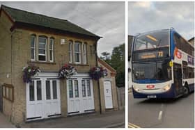Sandy Town Council offices. Right: A Stagecoach bus. Images: Google/Cllr Tracey Wye.