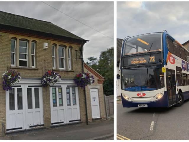 Sandy Town Council offices. Right: A Stagecoach bus. Images: Google/Cllr Tracey Wye.