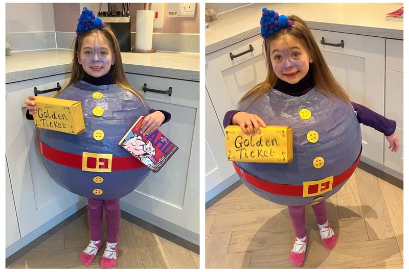 Arielle Holland, four, of Leighton Buzzard, dressed up as Violet from Charlie and the Chocolate Factory for World Book Day at Greenleas Lower School.
