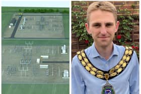 An artist's impression of the substation plans; Mayor Cllr Grant Fage. Image: Biggleswade Town Council.