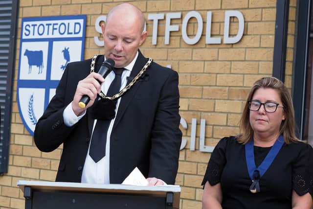 Stotfold Town Mayor, Steve Buck, reads the Proclamation of Accession. Image: Tony Margiocchi.