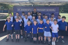 Gladiator Steel pictured with pupils from St Andrews Primary School, Biggleswade