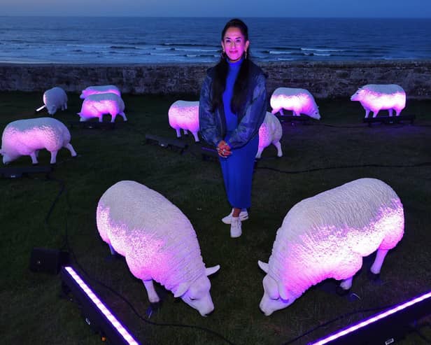 Illuminated sheep art work at Bamburgh with artist Deepa Mann-Kler
 (photo: Raoul Dixon)