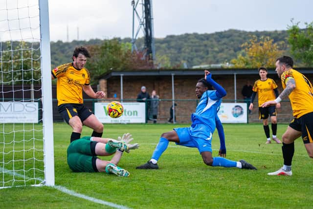 Leveller: Stotfold concede against Barton Rovers - pic: Alex Boag