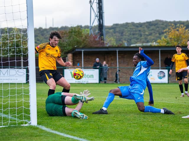 Leveller: Stotfold concede against Barton Rovers - pic: Alex Boag