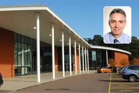 Central Bedfordshire Council headquarters and inset, councillor Mark Foster