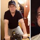 Leigh James on his spin bike, and right, in happier times before his diagnosis. Images: Leigh James.