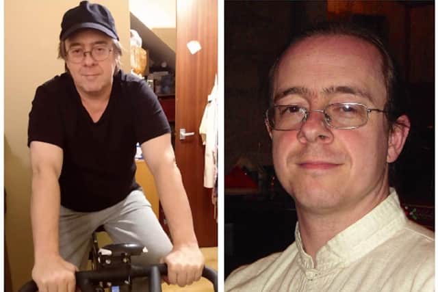 Leigh James on his spin bike, and right, in happier times before his diagnosis. Images: Leigh James.
