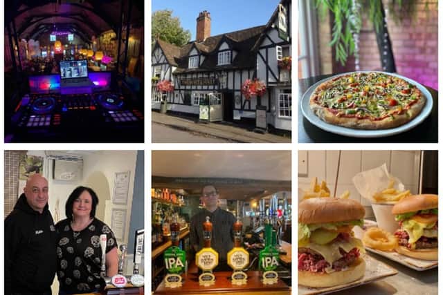 Clockwise from top left: Music at Stairway; The White Hart; pizza at Stairway; burgers at The White Hart and landlord Leigh Murphy behind the bar; Mark and Toni Francis, landlord and landlady of The Pembroke Arms.