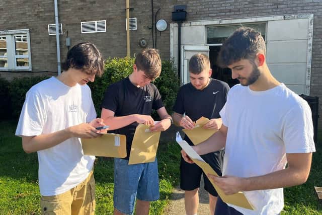 Stratton Upper School students open their A-level results. Pic supplied by Stratton Upper School