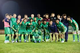 Biggleswade Town celebrate an FA Cup win earlier this season.