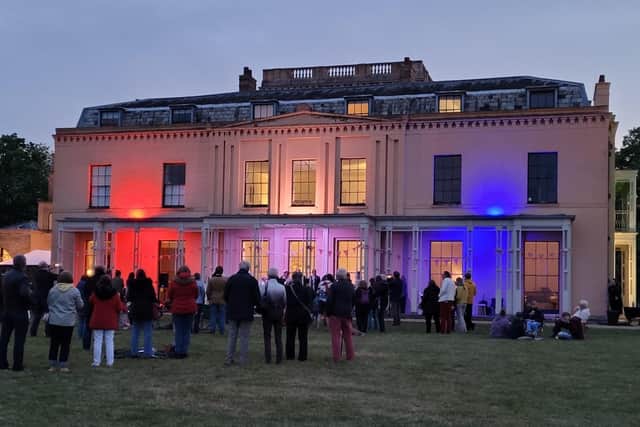 'At the end of a wonderful day, Moggerhanger Park House was lit up in red, white and blue'. Photo: Shirley Jones.