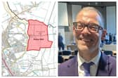 The map of Biggleswade Garden Community and CBC leader Councillor Adam Zerny. Images: Central Bedfordshire Council.