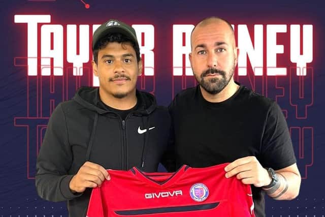 Biggleswade United coach Cristian Colás and Taylor Rhiney, who has renewed his contract.