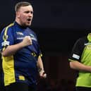Luke Littler celebrates during darts' world final against Michael van Gerwen. Picture by Taylor Lanning/PDC.