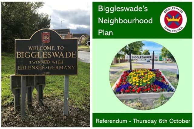 Welcome to Biggleswade, and right, the Neighbourhood Plan leaflet. Images: Cllr Fage/Biggleswade Town Council.