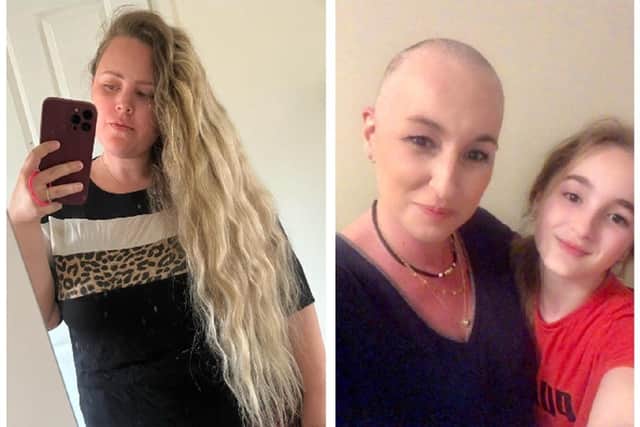 Katie showing just how long her hair has grown, and right, brave Sarah with her daughter, Hannah, aged 11. Images: Katie Gentle and Sarah Crone.
